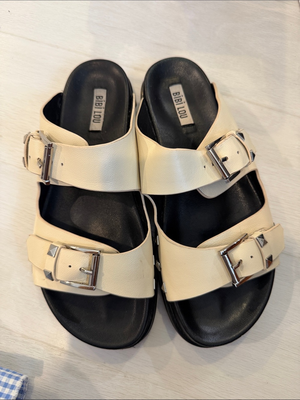 BIBI LOU Cream Double Buckle Slide Sandals